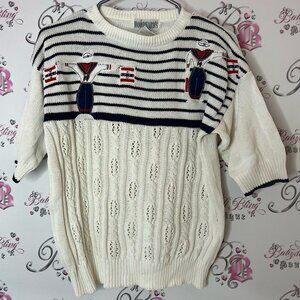 Woodwards tshirt knit vintage rhinestone sailor White and Navy Striped Sweater